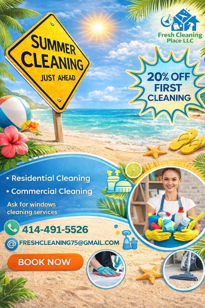 Fresh Cleaning Place summer cleaning flyer — 20% off first cleaning