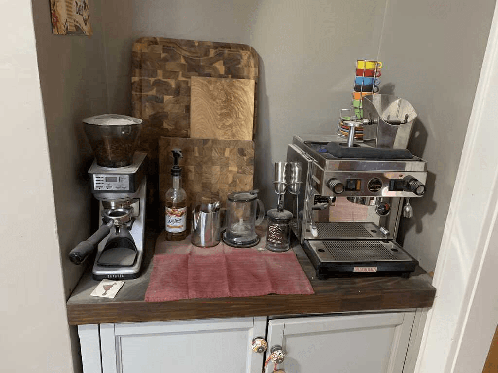 Dusty home coffee station before cleaning