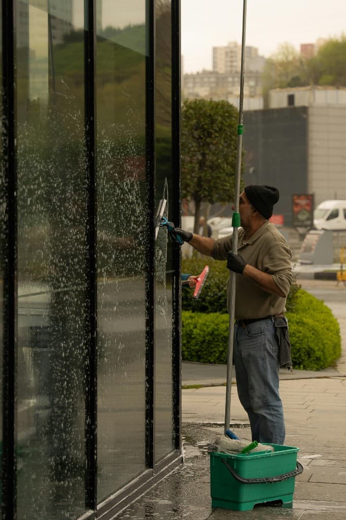 Professional exterior window cleaning at a commercial property